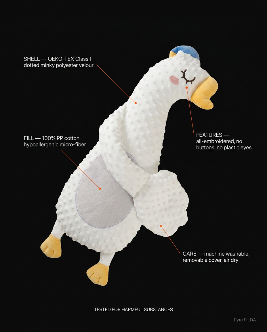 Baby pillow specs: minky shell, hypoallergenic fill, washable, no plastic eyes