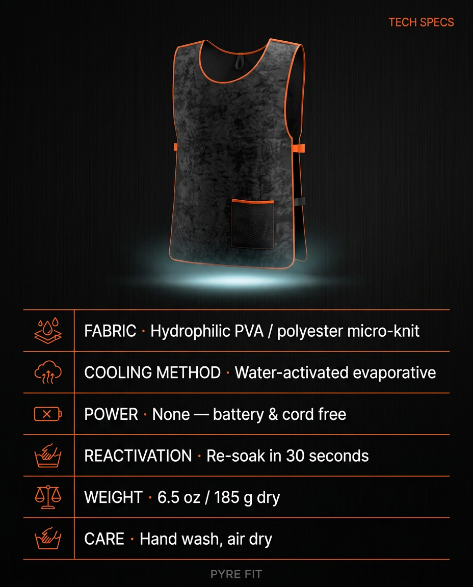 Tech specs chart listing fabric, evaporative cooling method and reactivation time