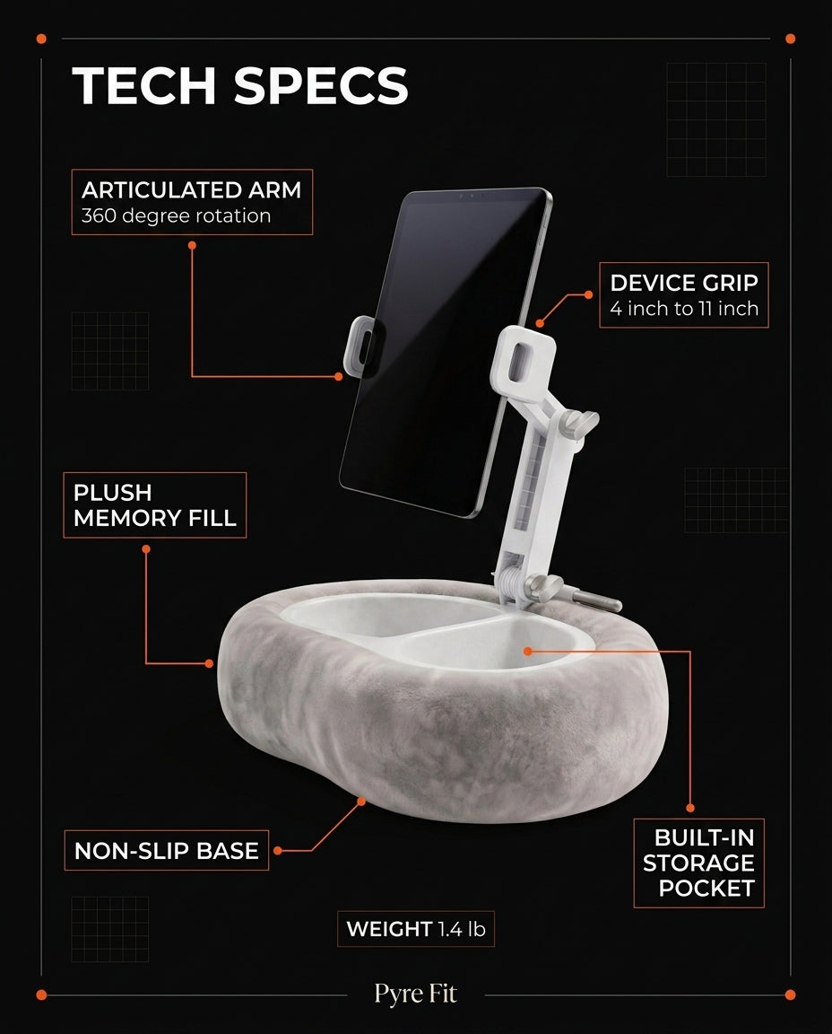 Tech specs infographic of the tablet pillow stand with labeled features and weight