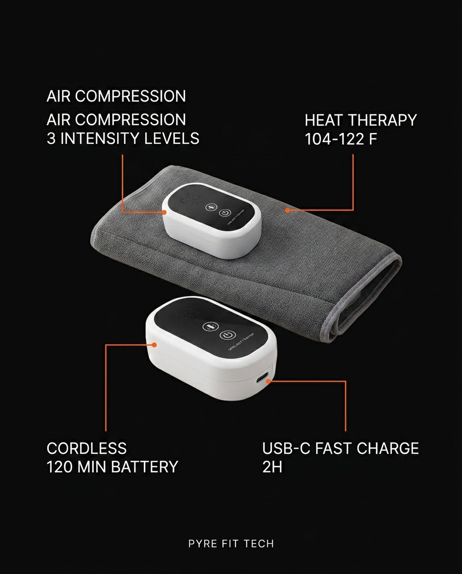 Tech specs infographic of the calf massager's compression, heat and battery
