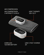 Tech specs infographic of the calf massager's compression, heat and battery
