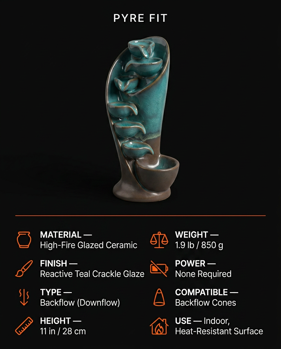 Infographic listing the burner's glazed ceramic material, crackle finish and backflow type