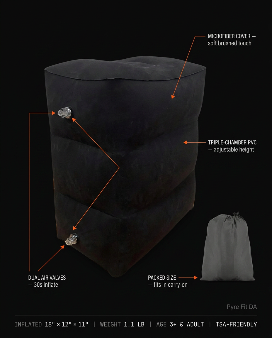 Tech specs infographic of the inflatable footrest: microfiber cover, dual valves, carry bag