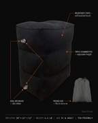 Tech specs infographic of the inflatable footrest: microfiber cover, dual valves, carry bag