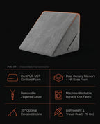 Tech specs infographic of the gray wedge lounger with six engineered-for-recovery feature icons