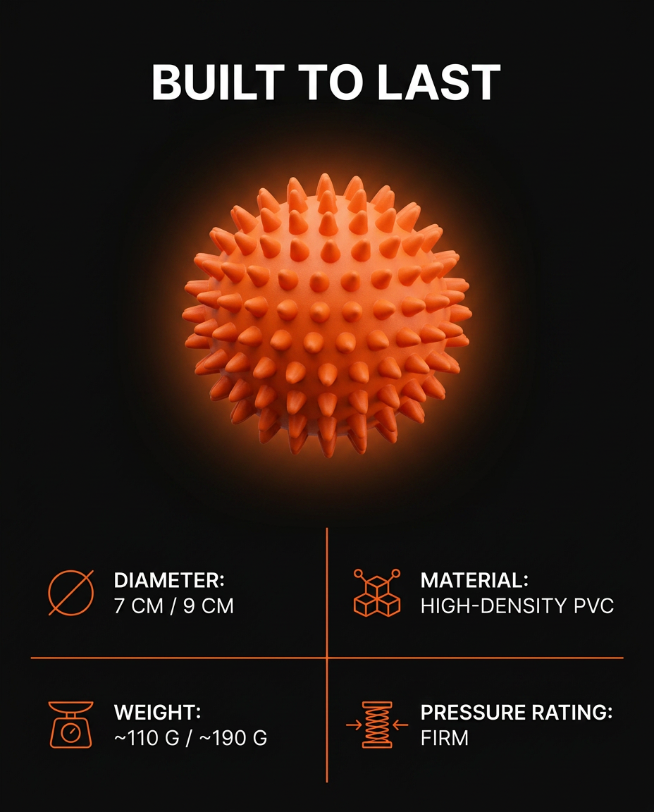 Massage ball tech specs infographic listing diameter, PVC material, and firmness