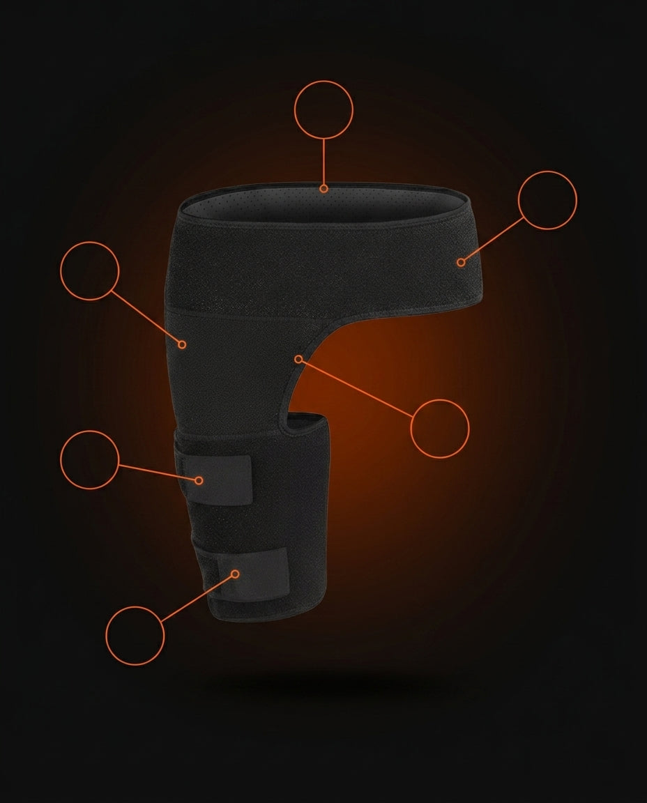 Tech specs infographic with feature callouts around the hip support wrap