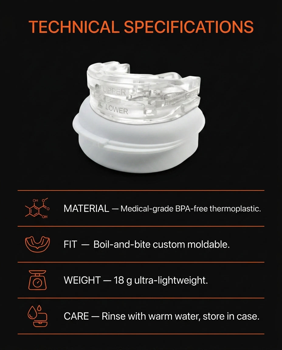 Tech specs sheet for the BPA-free boil-and-bite mouth guard with icons