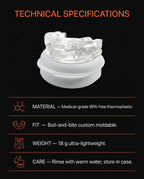 Tech specs sheet for the BPA-free boil-and-bite mouth guard with icons
