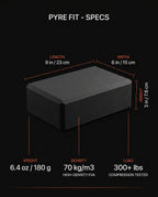 Specs infographic with dimensions, weight, and load for the foam yoga block