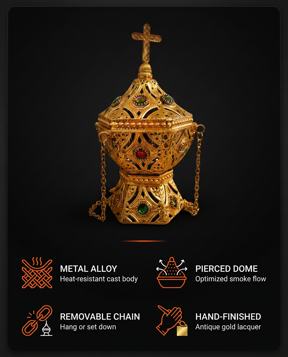 Spec sheet: metal alloy, pierced dome, removable chain, hand-finished censer
