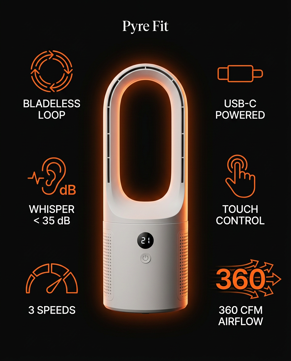 Spec sheet: bladeless loop, USB-C, under 35dB, touch control, 360 CFM airflow