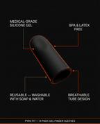 Specs infographic for the wellness-grade silicone gel finger sleeves