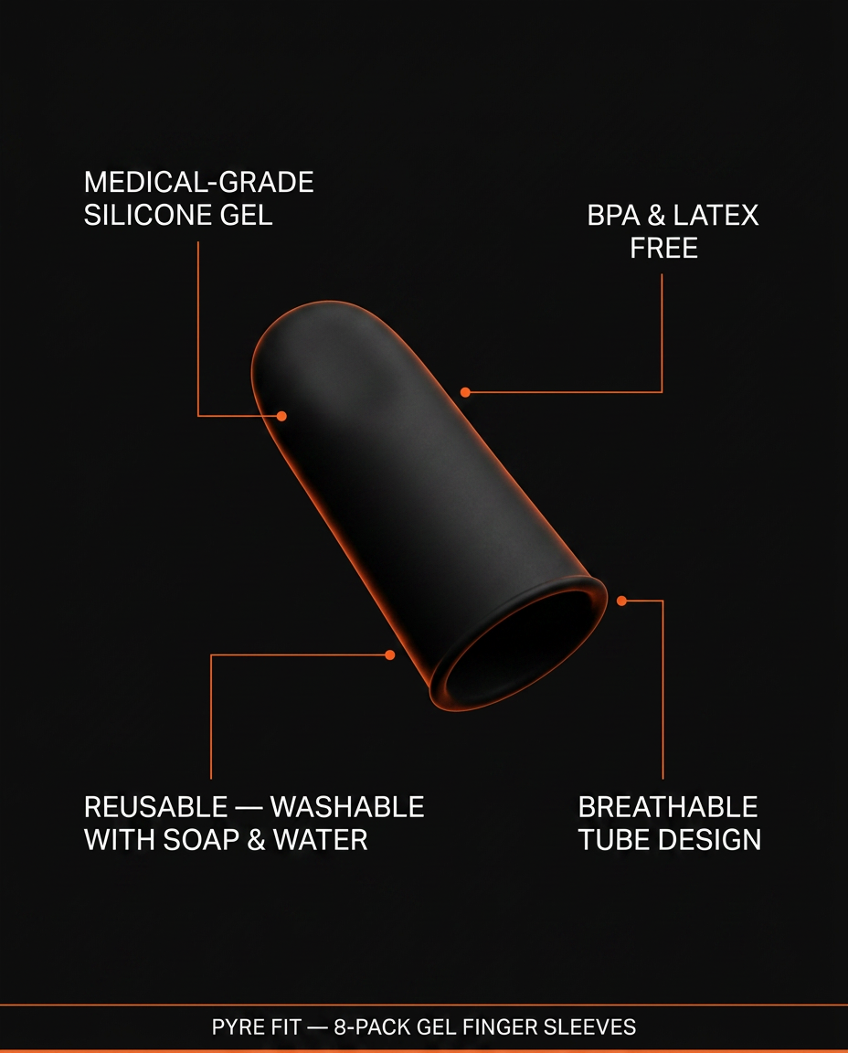 Specs infographic for the wellness-grade silicone gel finger sleeves