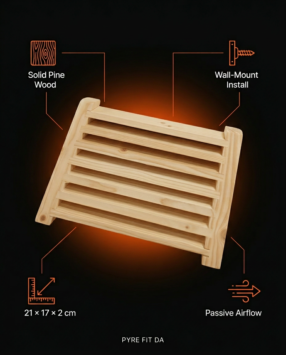 Tech specs infographic of the solid pine sauna ventilation grille
