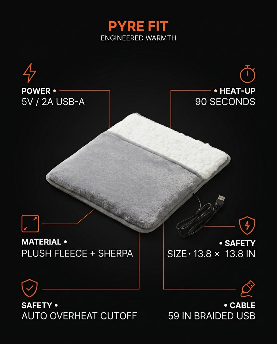 Infographic detailing the foot heating pad's USB power, fleece and safety specs