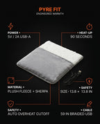 Infographic detailing the foot heating pad's USB power, fleece and safety specs