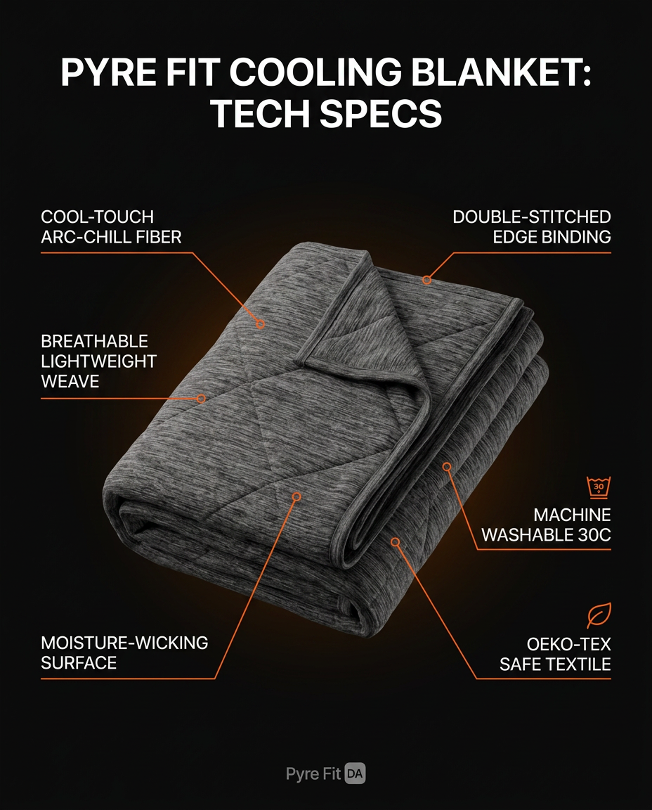 Spec graphic highlighting the cooling blanket's arc-chill fiber and breathable weave