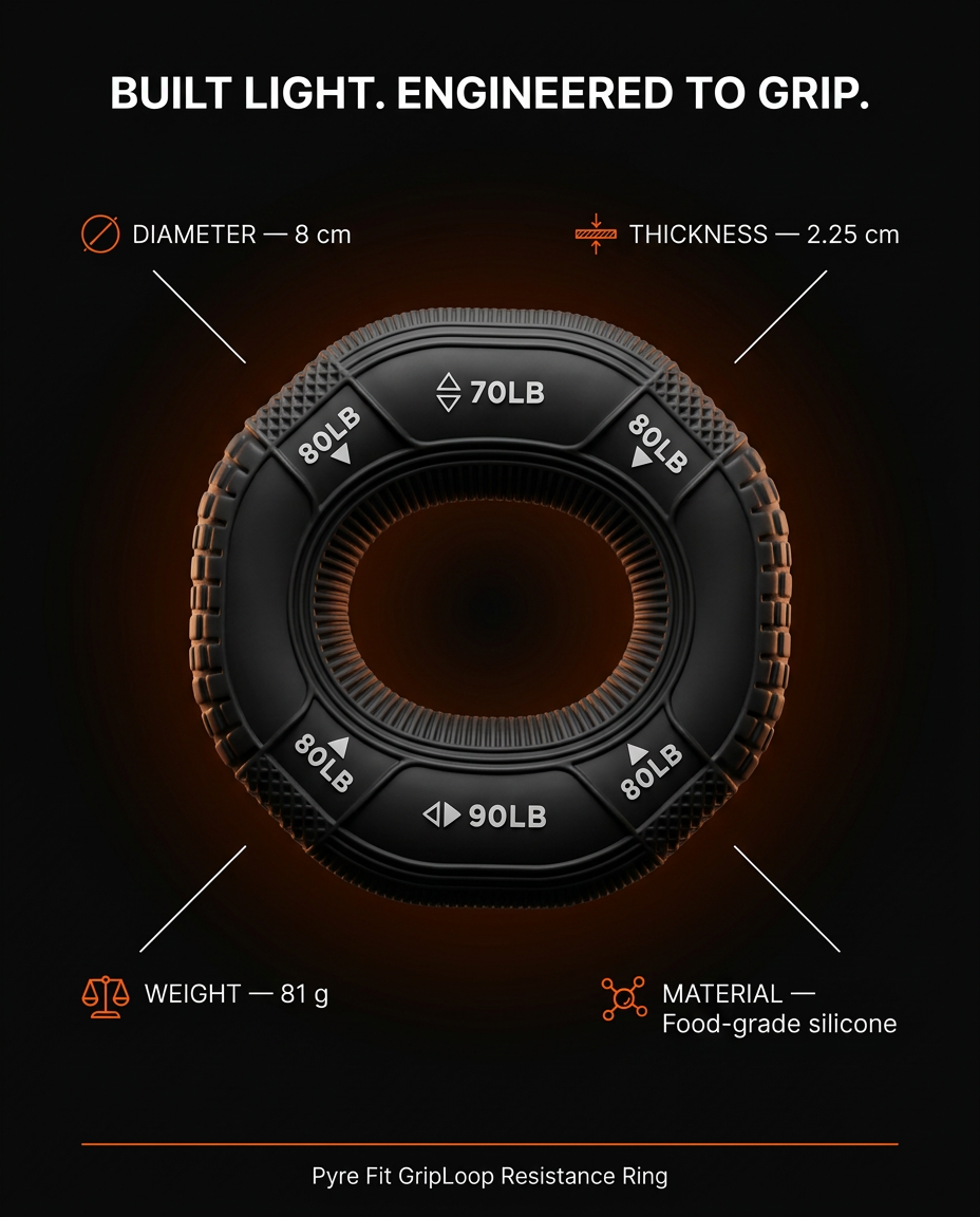 Grip ring tech specs infographic listing diameter, weight, and silicone material