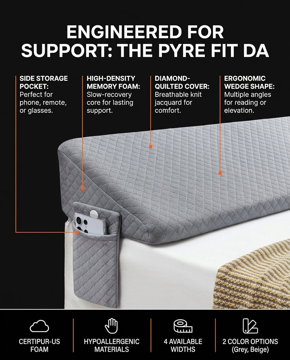 Feature diagram of the wedge pillow's foam, quilted cover and side pocket