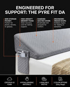Feature diagram of the wedge pillow's foam, quilted cover and side pocket