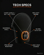 Heated glove tech specs with heat levels, red light and charging details