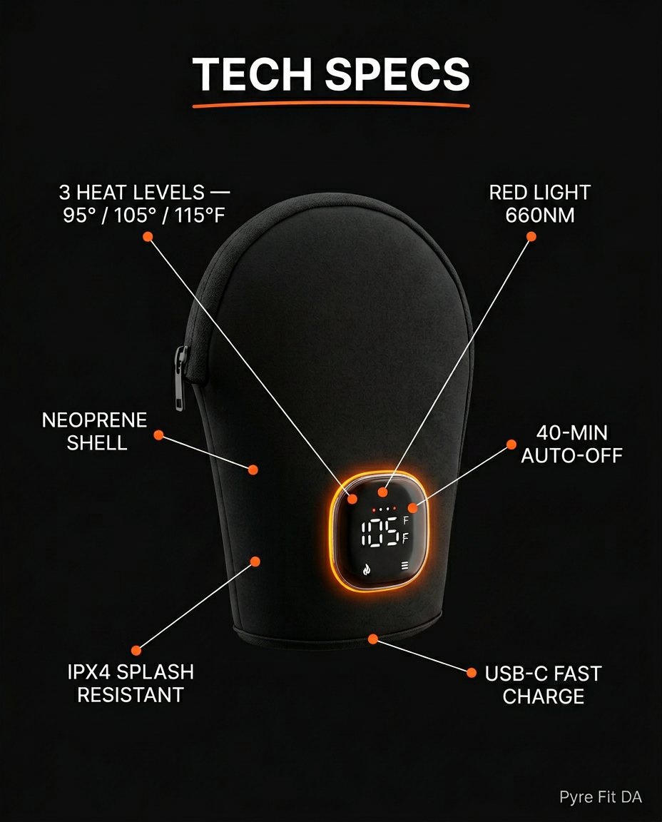 Heated glove tech specs with heat levels, red light and charging details