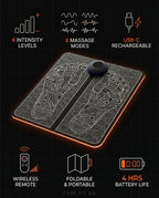Tech specs of the foot mat: 6 levels, 8 modes, USB-C, remote, 4-hour battery