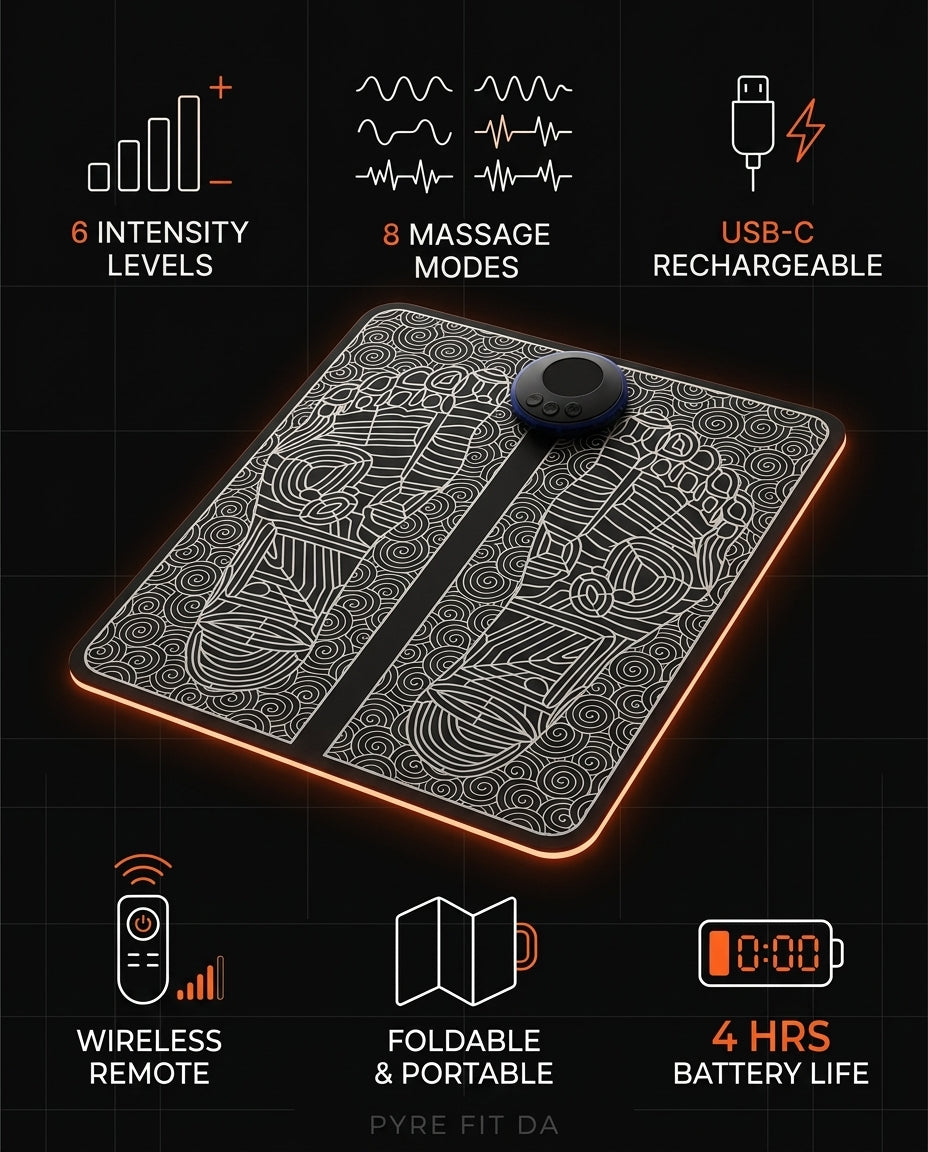 Tech specs of the foot mat: 6 levels, 8 modes, USB-C, remote, 4-hour battery