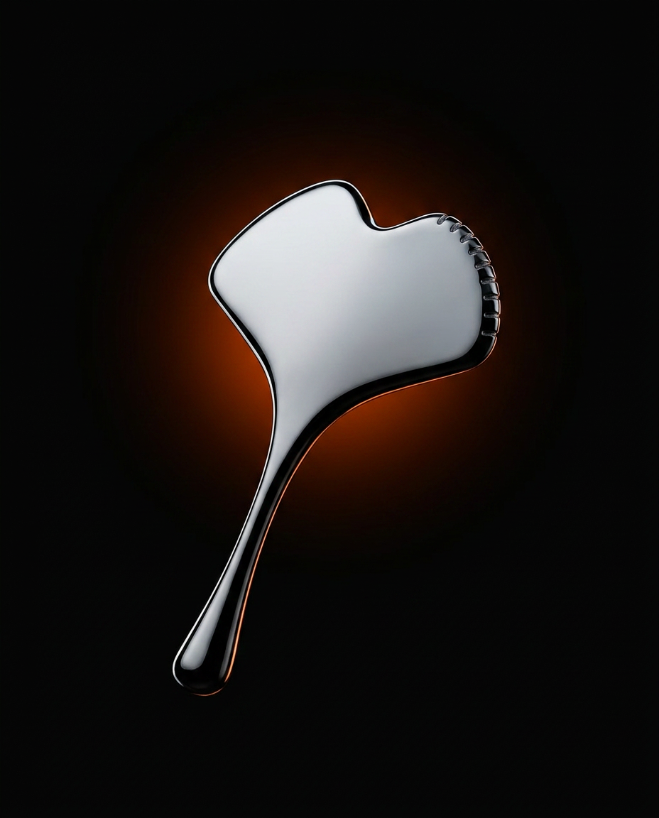 Three-quarter packshot of the silver facial sculpting tool on dark amber backdrop