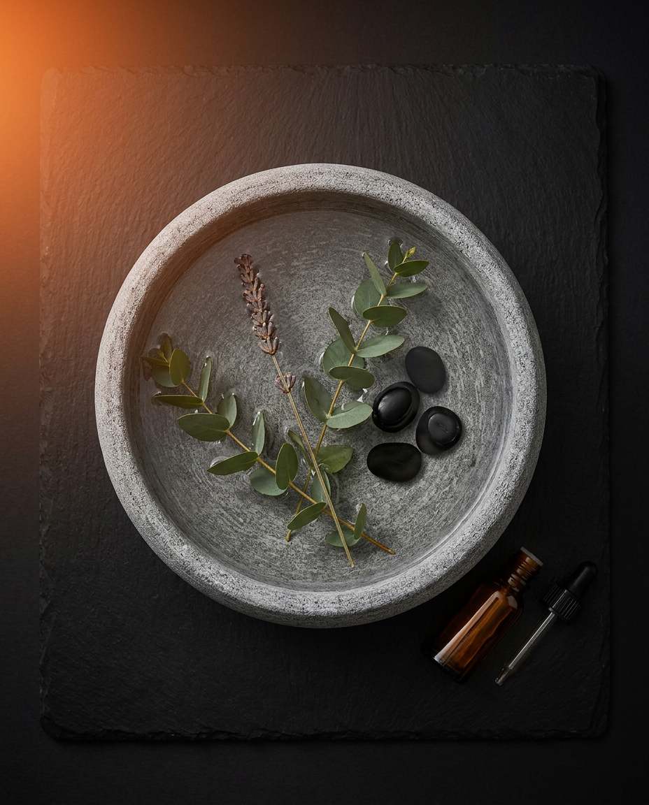 Top-down flat lay of the stone aroma bowl with eucalyptus, stones and oil