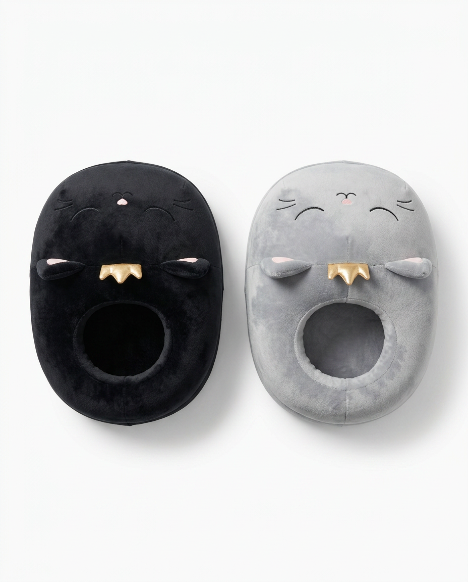 Top-down view of black and grey cat foot warmers side by side