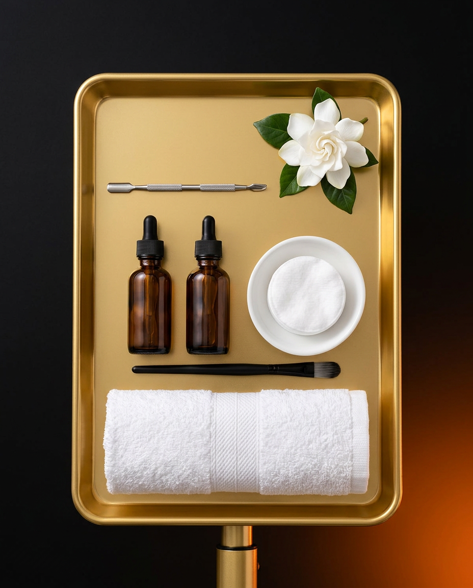 Top-down view of the gold tray organized with serums, towel and tools