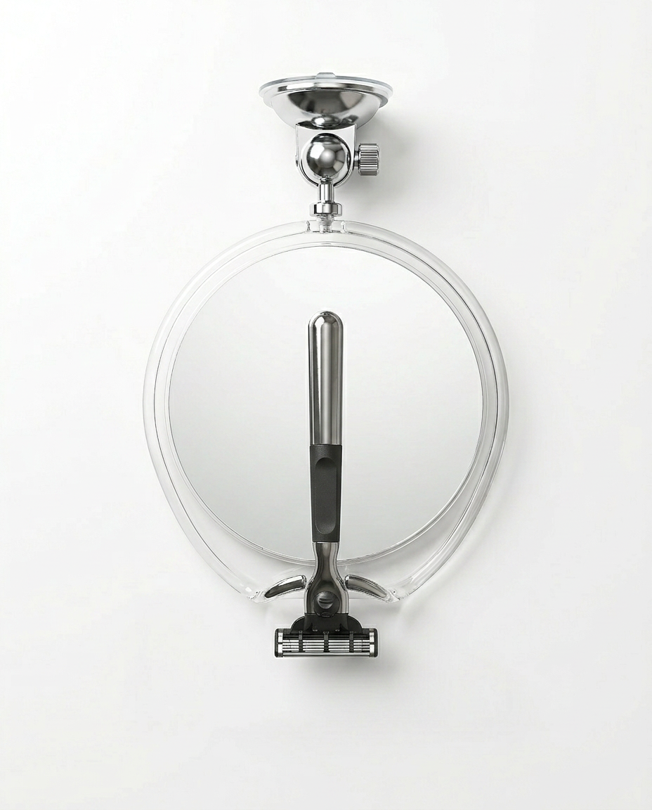 Front view of the round shower mirror with suction mount above and razor hook below
