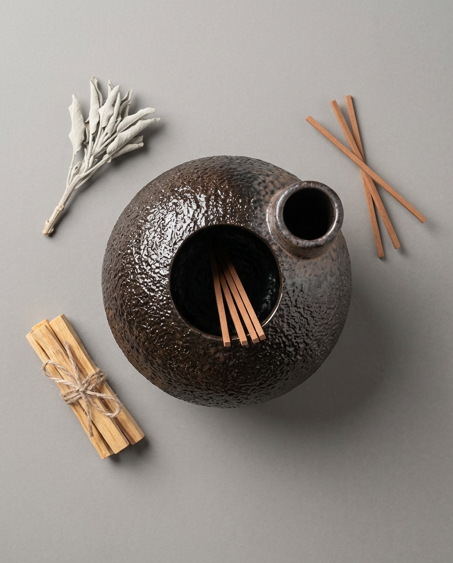 Top-down view of the ceramic burner with palo santo sticks and sage bundle