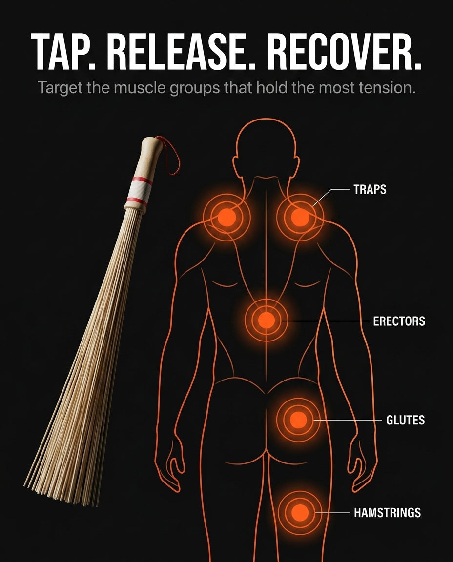 Body diagram of target zones for the bamboo roller: traps, glutes, hamstrings