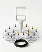12-piece cupping set with hand pump, cups and hose on white