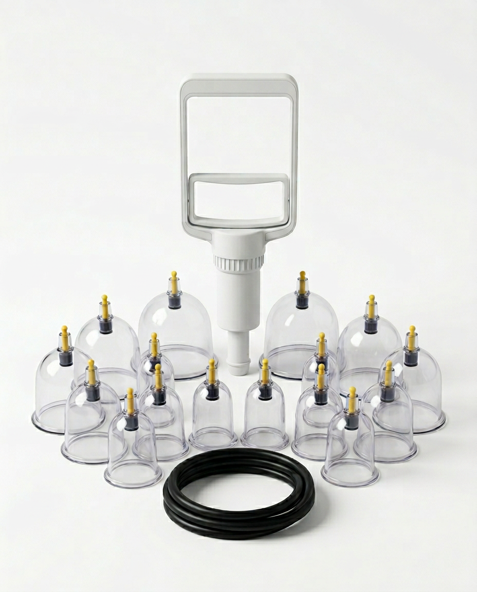 12-piece cupping set with hand pump, cups and hose on white