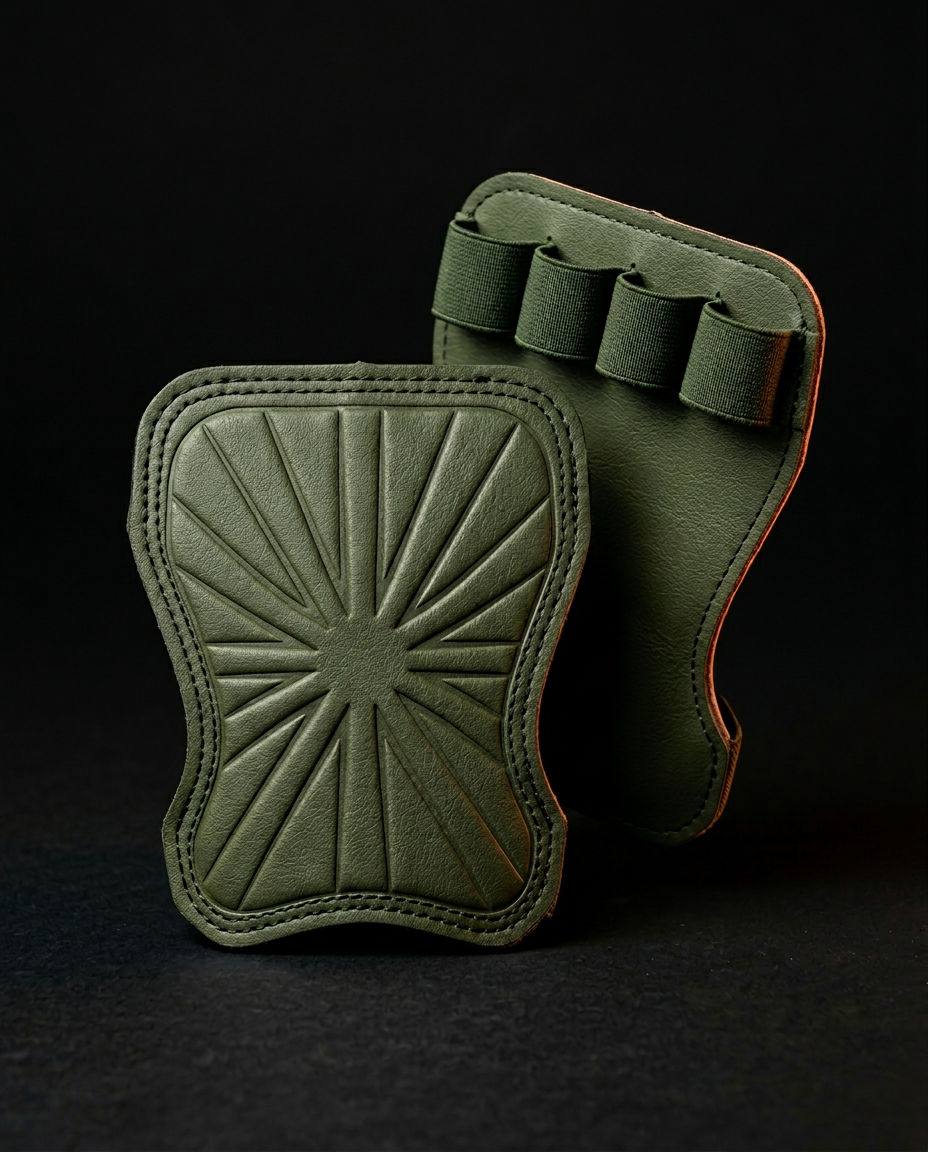 Pair of army green grip pads, one upright showing finger loops, on dark