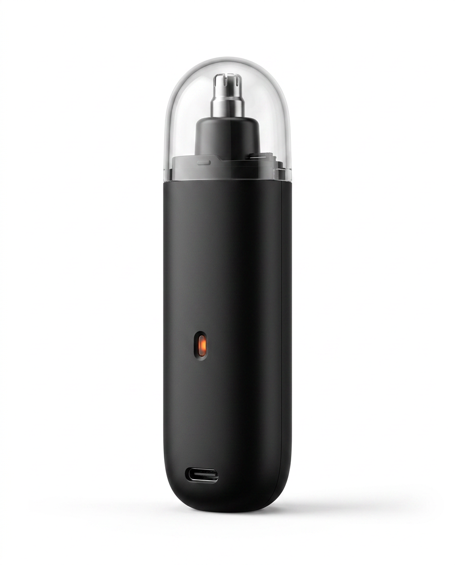 Black variant of the precision nose and ear trimmer with clear cap, on white