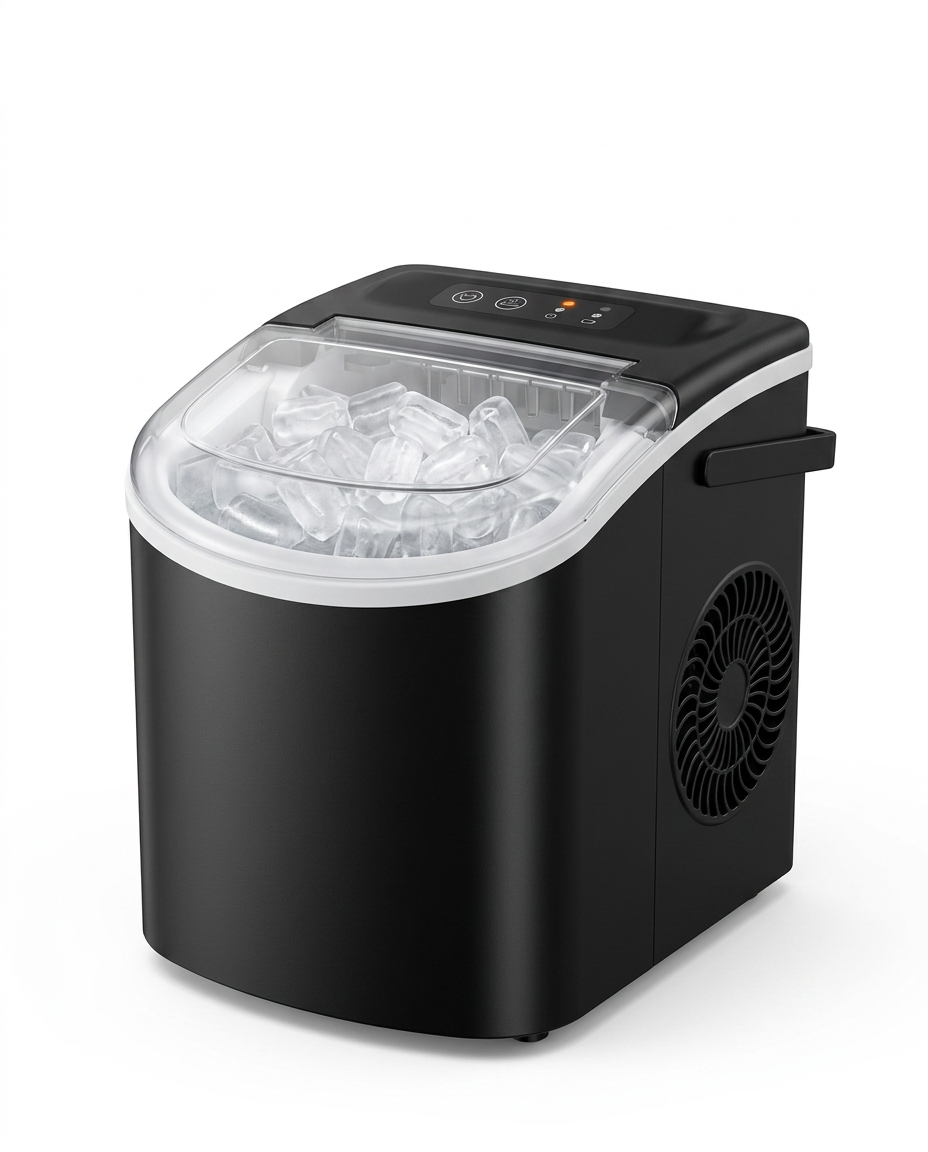 Black countertop ice maker, three-quarter view on white background