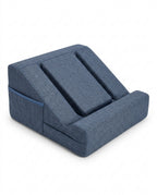Blue wedge tablet pillow with grooved channels, studio packshot
