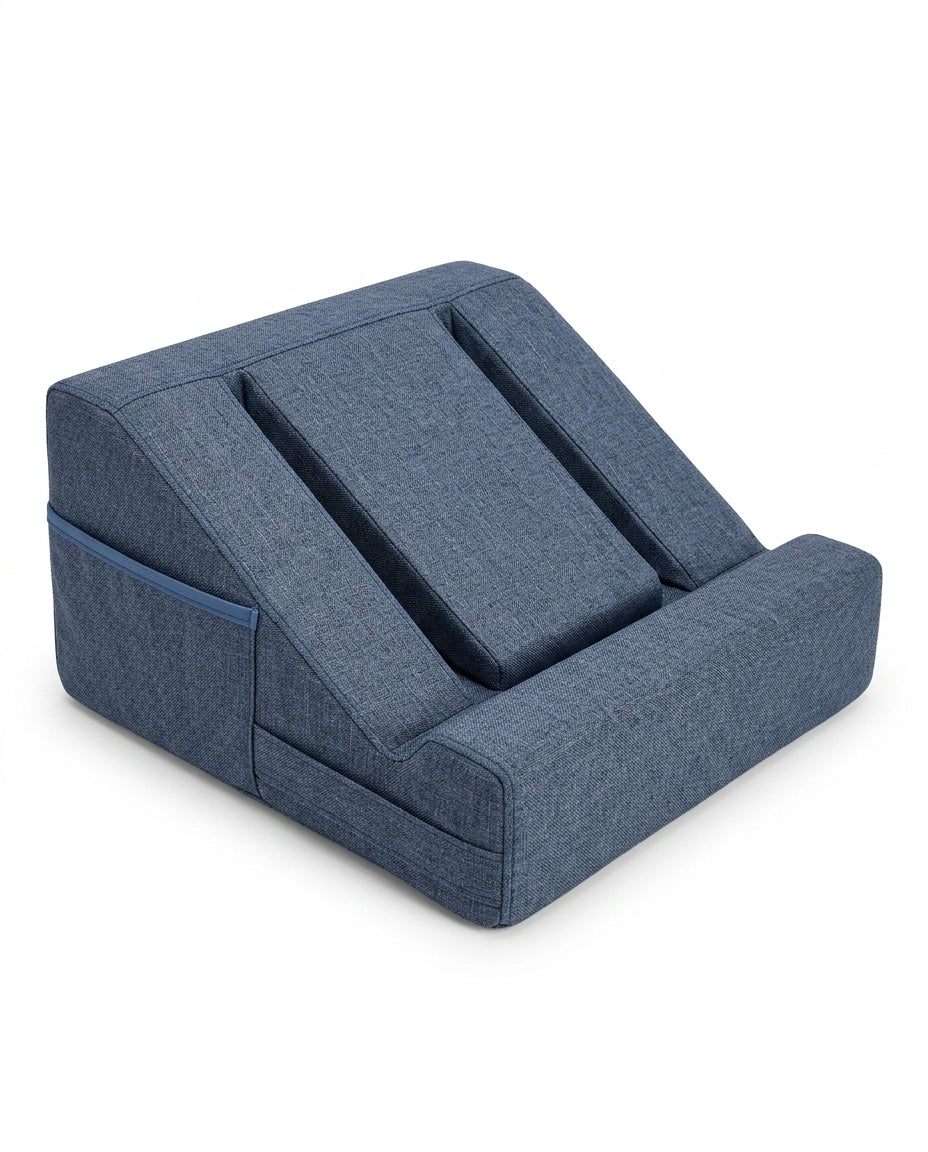 Blue wedge tablet pillow with grooved channels, studio packshot
