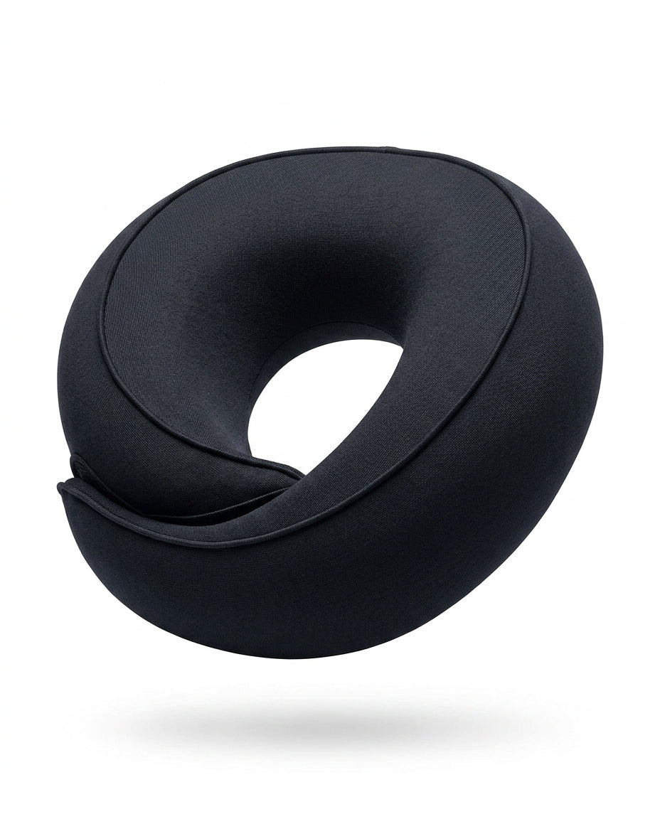 Black U-shaped memory foam travel neck pillow, studio shot on white