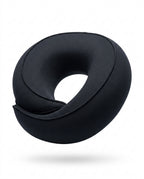 Black U-shaped memory foam travel neck pillow, studio shot on white