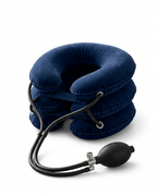 Dark blue inflatable neck traction collar with pump, studio on white