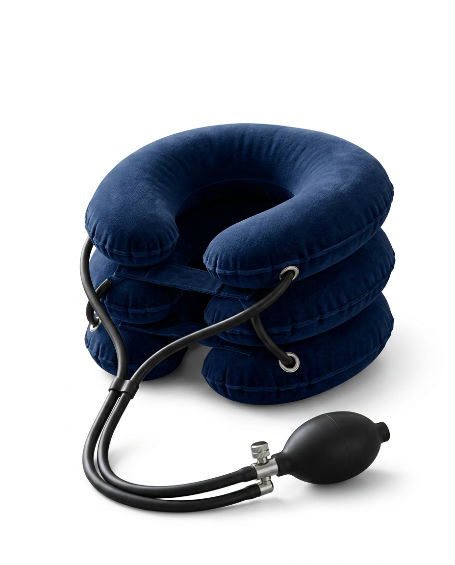 Dark blue inflatable neck traction collar with pump, studio on white