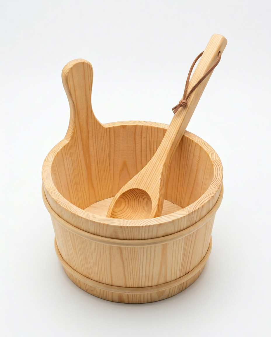 Empty pine sauna bucket with ladle resting inside, studio packshot on white