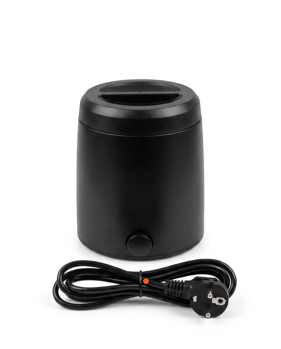 Black wax warmer with EU plug power cord on a white background