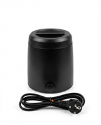 Black wax warmer with EU plug power cord on a white background